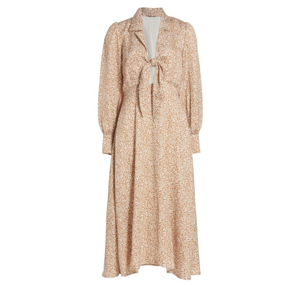 Like New Elie Tahari Beige and Cream Floral Printed Tie Front A Line Midi Dress